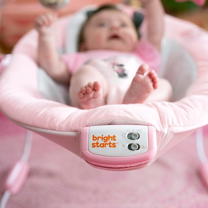 Bright Starts Disney Baby Minnie Mouse Comfy Baby Bouncer Soothing Vibrations Infant Seat - Music, Removable -Toy Bar, 0-6 Months Up to 20 lbs (Rosy Skies)