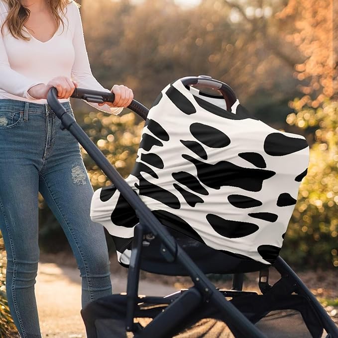 Beige Cow Nursing Cover Carseat Covers Baby Car Seat Cover for Girls Boys, Stretchy Car Seat Canopy Multiuse Nursing Breastfeeding Protectors, All-in-1
