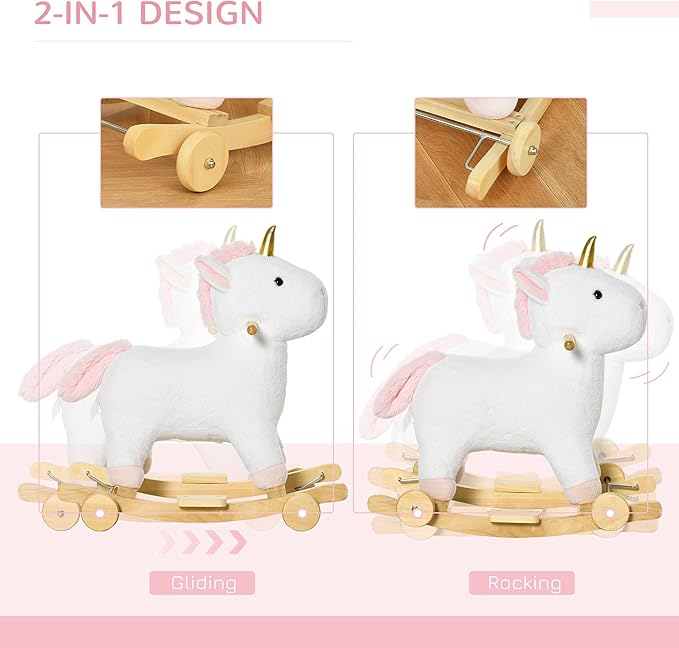 Qaba Rocking Horse, 2 in 1 Kids Ride on Horse, Rolling Unicorn Animal Rocker with Sound, Wooden Base, Pedal, Grip Handle, Plush Riding Pony for 3-6 Years Old, White