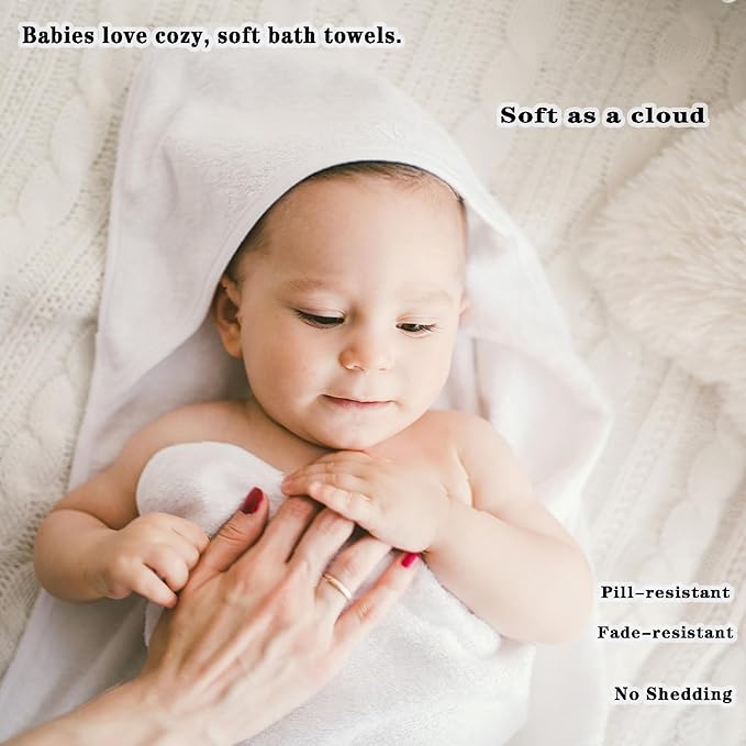 Baby Hooded Bath Towel 31.5"x31.5" Ultra Absorbent Soft Coral Fleece, for Newborn Infant Toddler Up to 3 Years, Unisex Bathrobe Blanket for Boys & Girls 2PCS(Snow-White)