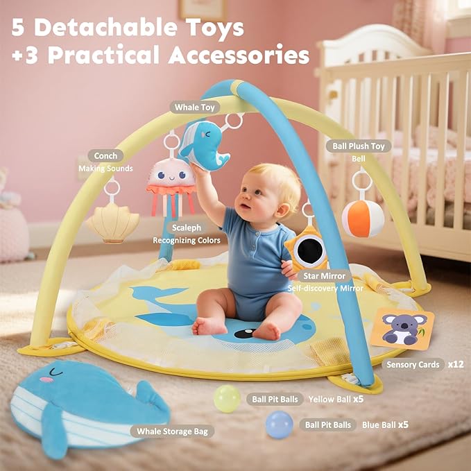 7-in-1 XL Large Baby Play Gym Mat, Tummy Time Mat, Baby Gym & Ball Pit, Baby Activity Mat with Milestone Cards & 6 Detachable Toys for Sensory Motor Skill, Whale