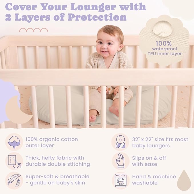 100% Waterproof Baby Lounger Cover - 2-Ply Organic Cotton Slipcovers Keep Your Lounger Clean & Your Baby Comfy - Machine Washable - (Lounger Not Included) - Cream