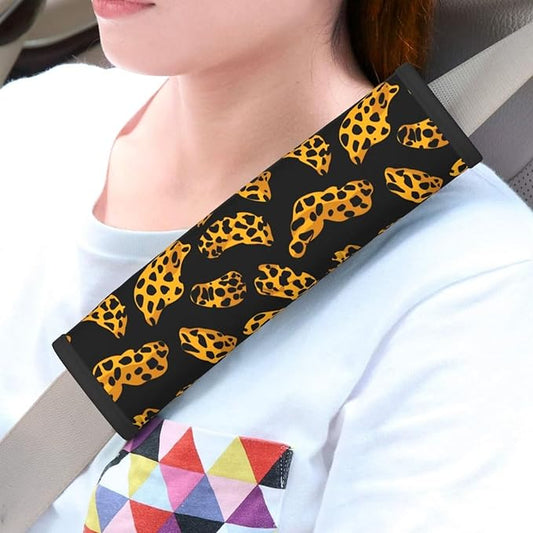 2 PCS Car Seat Belt Pads Cover Leopard Soft Seat Belt Shoulder Pad Cheetah Animal Safety Belt Strap Shoulder Pad Comfortable Driving Golden Soft Harness Pad Protect Safety Strap Cover, Black