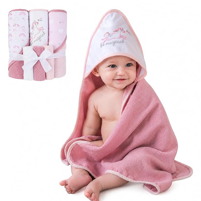 Viviland Baby Towels and Baby Wash Cloths Set Hooded Baby Towels Baby Wipes Absorbent Bath Face Towels Burp Cloths or Face Towels for Girl Boy 6-Pack Size 28 x 28 Inch(Unicorn Rainbow)