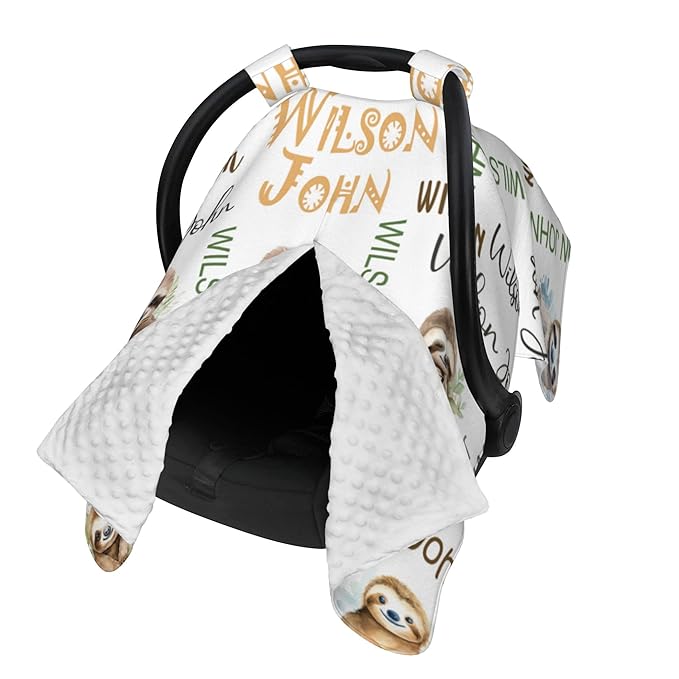 Personalized Winter Car Seat Covers for Babies with Name Sloth Minky Baby Car Seat Cover for Boys Girls Custom Infant Carseat Covers Baby Blanket Nursing Cover Breastfeeding Scarf