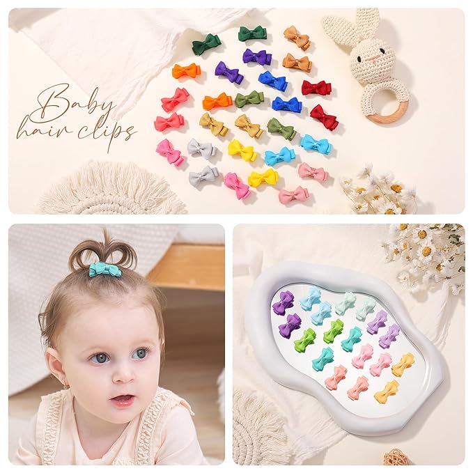 Mini Fully Lined Grosgrain Ribbon Hair Bows Clips for Girls - 1.2" Tiny Bows for Fine Infant Hair, 60PCS (30 Colors in Pairs)