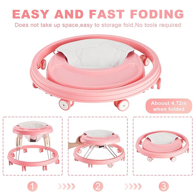 Adjustable Baby Walkers for Baby with Easy Clean Tray, Universal Wheeled Walker, Anti-Rollover Folding Walker for Girls Boys 6-18Months Toddler (Pink)