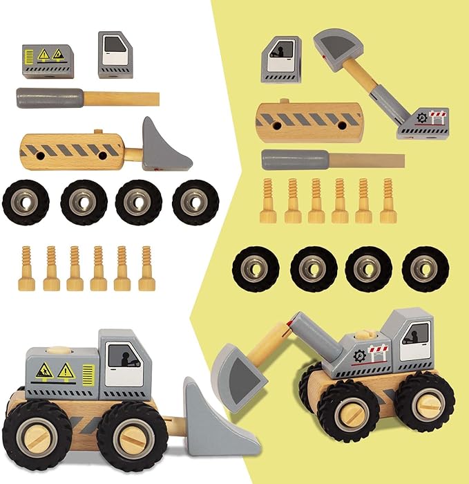 Construction Vehicles for Toddlers, 2 Pcs Wooden Detachable Assemble Bulldozer and Excavator, Kids Vehicle Toys Hand Push Car Toys for 3 Years Old Boys Girls
