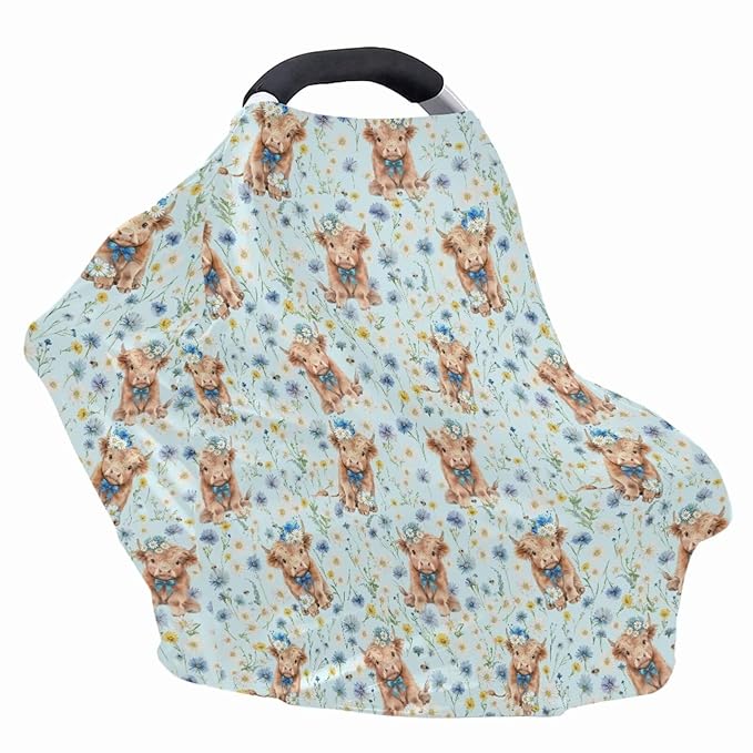 Binienty Blue Floral Baby Stuff Car Seat Covers, Highland Cow Print Multi Use Baby Nursing Scarf for Women Mom Multi-use Breastfeeding Carseat CanopyInfant Stroller Covers
