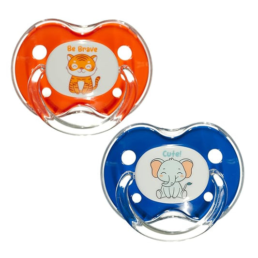 Playtex Baby Binky Orthodontic Pacifier with Snap-On Cover, Air Comfort Shield, Medical Grade Silicone, Up to 6 Months, Blue & Orange (2 Count)