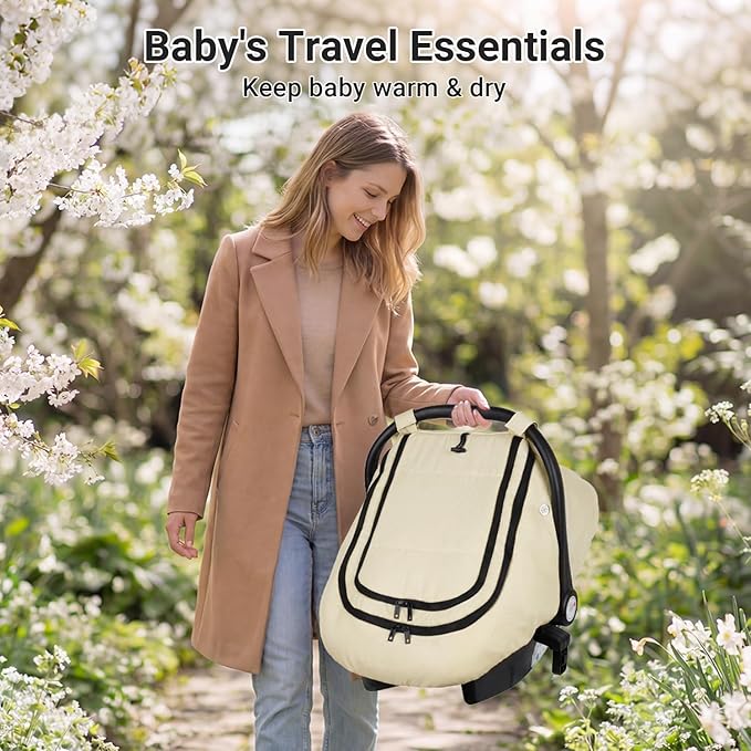 Rquite Car Seat Cover Baby, Winter Carseat Covers Boy Girl, Waterproof Infant Car Seat Cover Warm Car Seat Canopy for Cold Weather, Windproof Baby Carrier/Stroller Cover with 2 Layers Windows, Beige