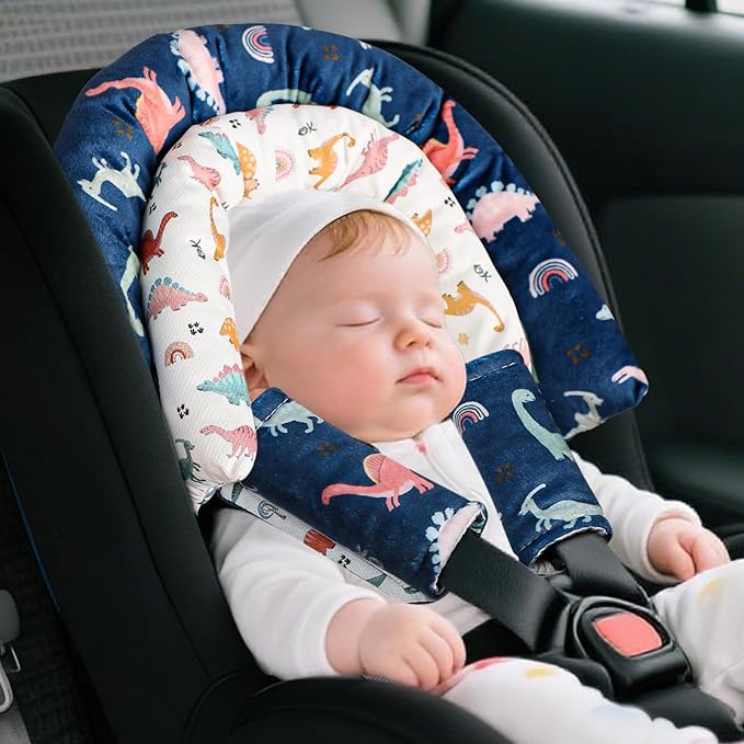 Baby Car Seat Head Support & Strap Covers, Upgraded 2-in-1 Infant Car Seat Insert Cushion for Newborn Girls, Perfect for Carseat, Stroller, Swing, Extra Soft, Dinosaur