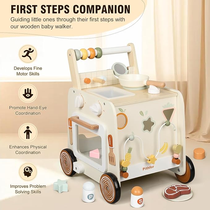 Pithfor Wooden Baby Walker, 3-in-1 Baby Push Walker, with Pretend Kitchen, Montessori Sensory Activity Center, Push Walker Toys for Babies Learning to Walk, Sit-to-Stand