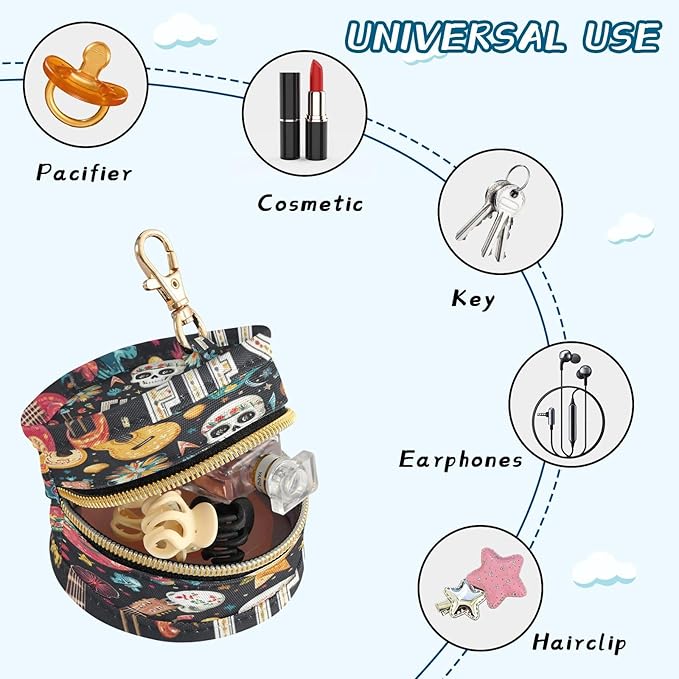 Pacifier Holder with Clip Pacifier Case for Diaper Bag Round Baby Pacifier Pouch Box Bag Portable Black Fiesta Guitars Skulls Hats