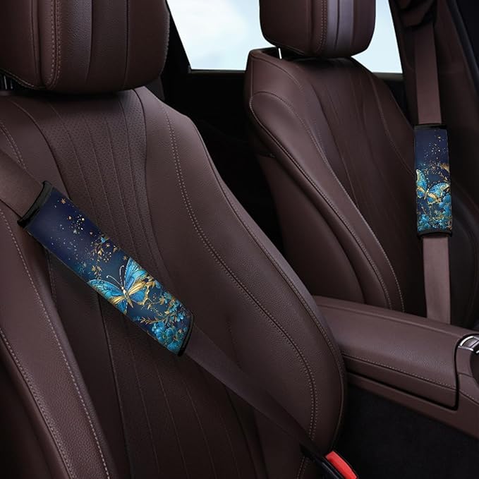 UNICEU Galaxy Blue Butterfly Car Seat Belt Covers, Soft Shoulder Strap Pad for Kids Adults, 2 Packs Soft Neoprene Safety Seatbelt Shoulder Strap