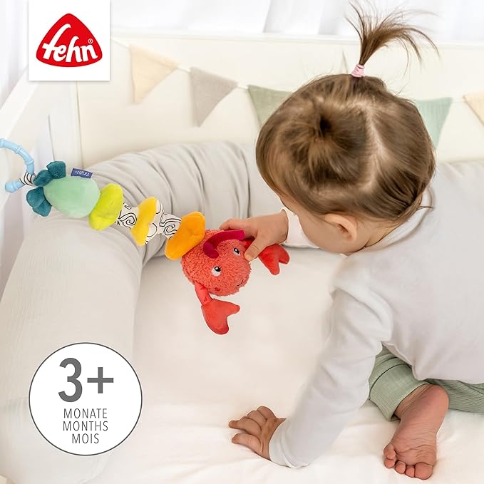 Fehn Lobster with Vibration, Motor Skill Toy for Hanging Pram, Cot and Baby Seat, for Bite, Grasping and Sound Production, Toy for Babies and Children from 3 Months