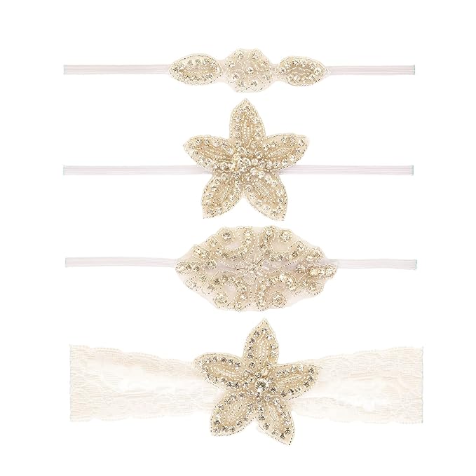 Nishine Girls White Rhinestone Flower Headband Pack Baby Christening Baptism Headband for Baby Shower Wedding Hair Accessories (Lace Star-2 Pack)