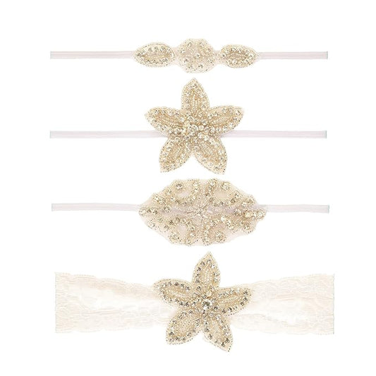 Nishine Girls White Rhinestone Flower Headband Pack Baby Christening Baptism Headband for Baby Shower Wedding Hair Accessories (Lace Star-2 Pack)