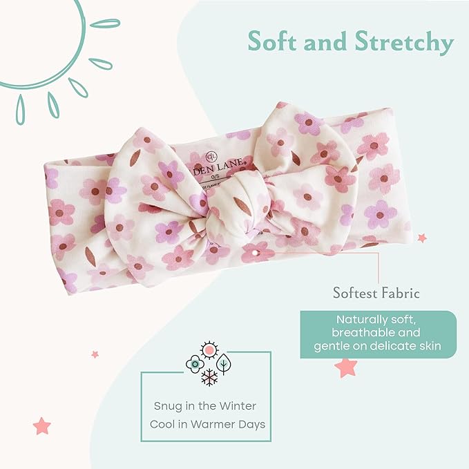 Caden Lane Baby Headwrap with Knotted Bow, Soft & Stretchy Bamboo Viscose, Comfortable Infant Hairband for Newborn & Toddler Girls, Ideal Gift for Baby Shower & Milestone Celebration, Blushing Blooms