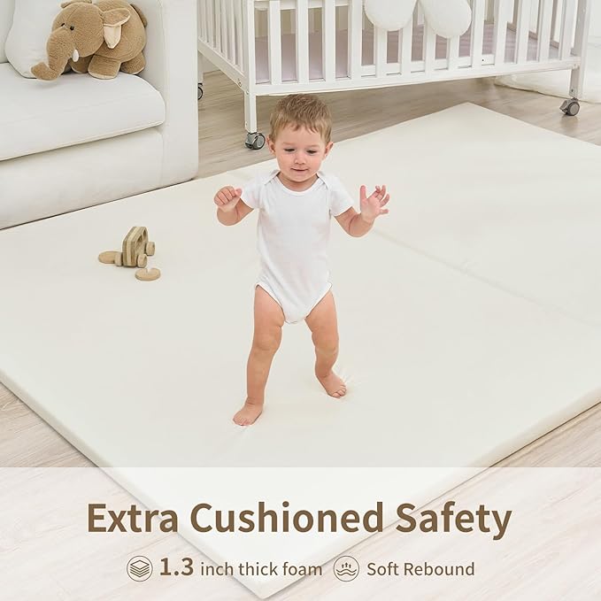Large Vegan Leather Baby Play Mat for Floor,1.3"Thick Foam 59x82 Foldable Waterproof Kids Play Mat,Stylish and Just Wipe-Clean Playmat for Baby Play on Floor (Beige)