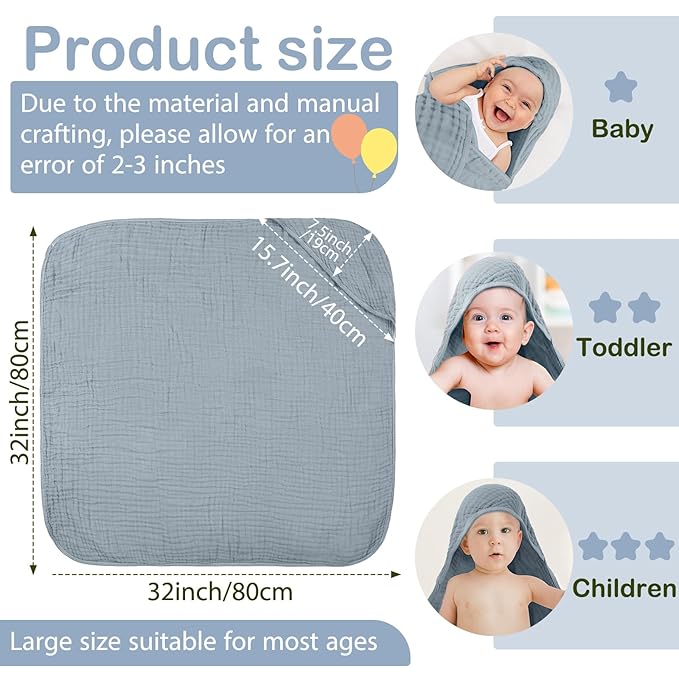 Peryiter 4 Pcs Muslin Hooded Baby Towels 32 x 32 Inch Cotton Newborn Bath Essentials Muslin Infant Blankets Absorbent Registry Gifts for Girl Boy Kids Baby Shower (Green,Gray,Rust,Blue)