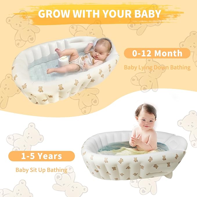 EKEPE Inflatable Baby Bathtub with Built in Pump, Collapsible Safe Baby Bathtub for Newborns and Baby, Non-Slip Travel Mini Swimming Pool for Babies 0-5 Years Old - Bear