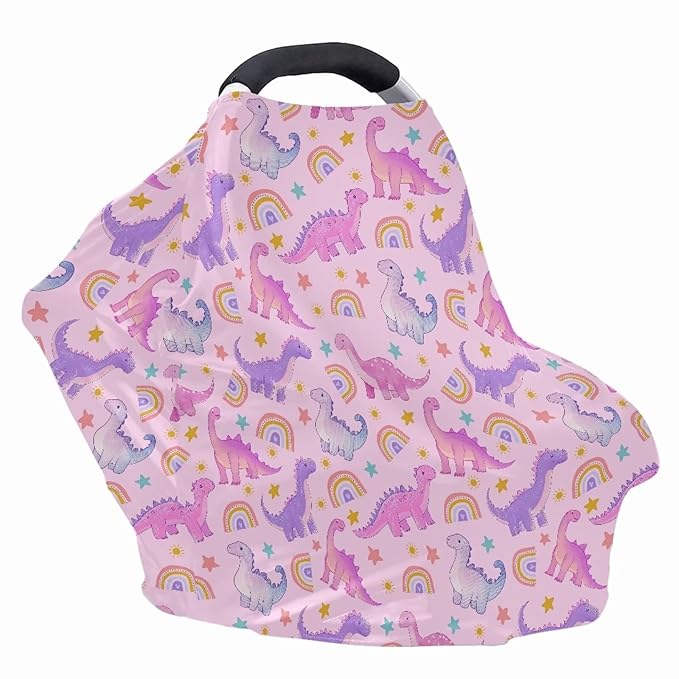 GIFTPUZZ Rainbow Dinosaur Car Seat Cover for Babies, Soft Breathable Infant Nursing Cover, Blocks Sunlight Carseat Canopy, Shopping Cart/High Chair/Stroller Covers for Mom Gifts, All Weather