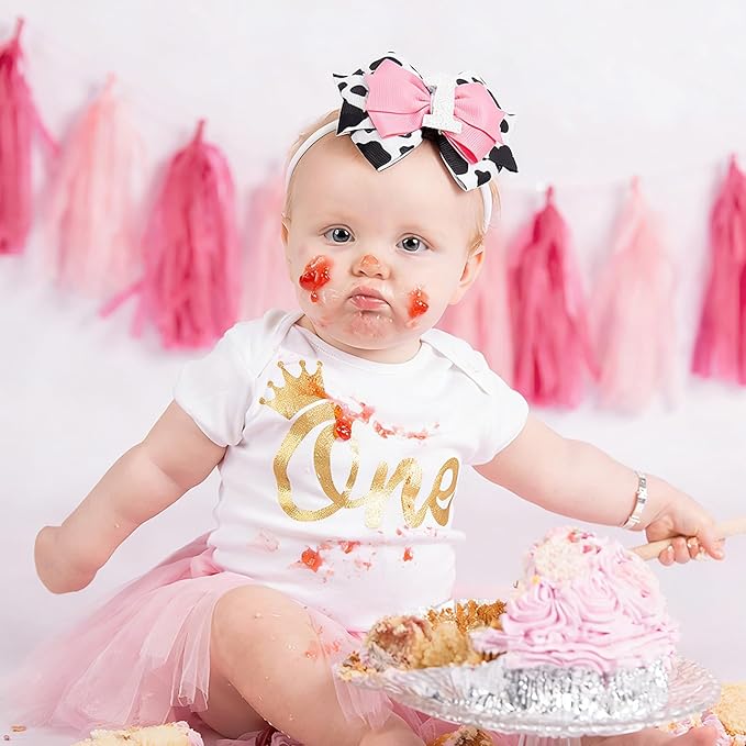 Cow Print Birthday Bow Hair Clip, Pink Farm Animal Theme 1 Year Old Hair Bow Clip Accessory for Toddler Girls Party Baby Shower Decor