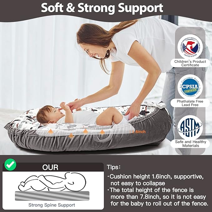 Baby Lounger-Breathable and Soft Organic 100% Cotton, Portable Infant Lounger with Removable Lounger Cover, Baby Nest Lounger for Newborn - Grey Panda
