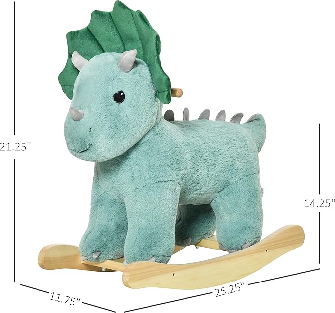 Qaba Kids Plush Ride-On Rocking Horse Triceratops-Shaped Plush Toy Rocker with Realistic Sounds for Child 36-72 Months Dark Green