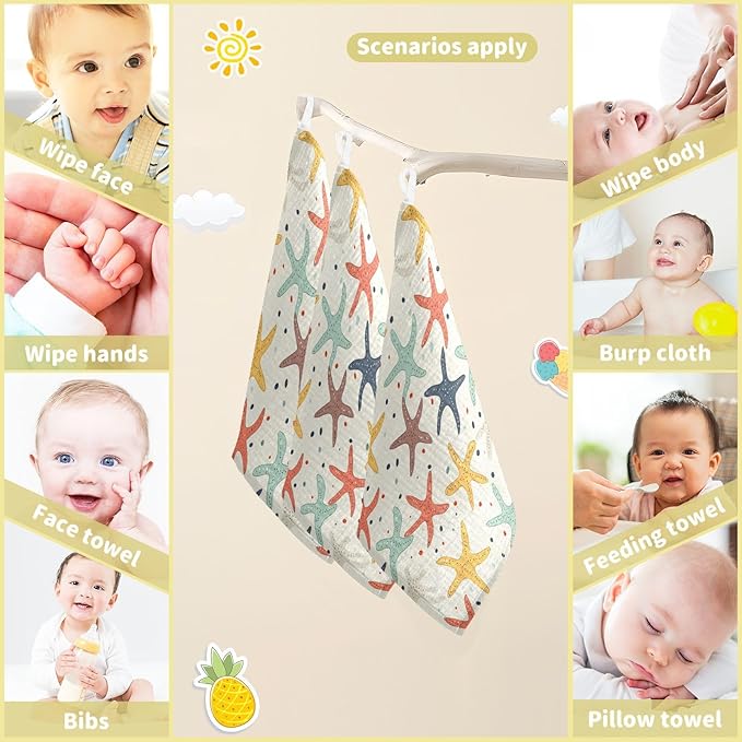vvfelixl Colorful Starfish Baby Burp Cloths Baby Muslin Washcloths for Boys Girls Cotton Babys Face Towel for Newborn Infants Soft and Absorbent 11.8 X 11.8 in, 5 Pack