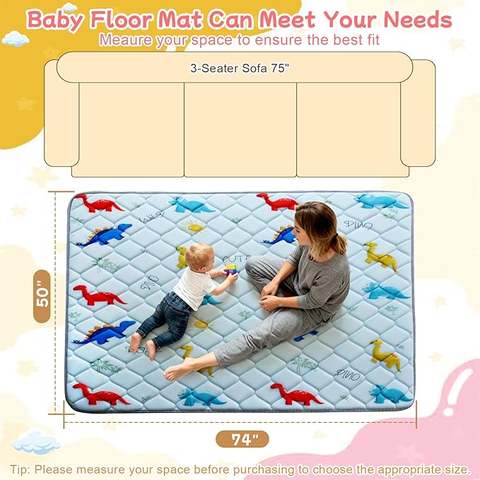 omzer Baby Play Mat for Floor: 74" x 50" Playpen Mat - Thicker & Large Soft Cushioning Padding Foam Playmats for Babies and Toddlers - Machine Washable & Non-Slip Baby Crawling Mat, Dinosaur Design