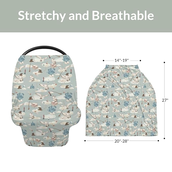 Vintage Wizard Owls Car Seat Cover for Babies Watercolor Witch Hat Books Castle Clouds Stretchy 5-in-1 Cover Adjustable Infant Carseat Canopy Cover Magics Wizard Universe Breathable Nursing Cover-Up