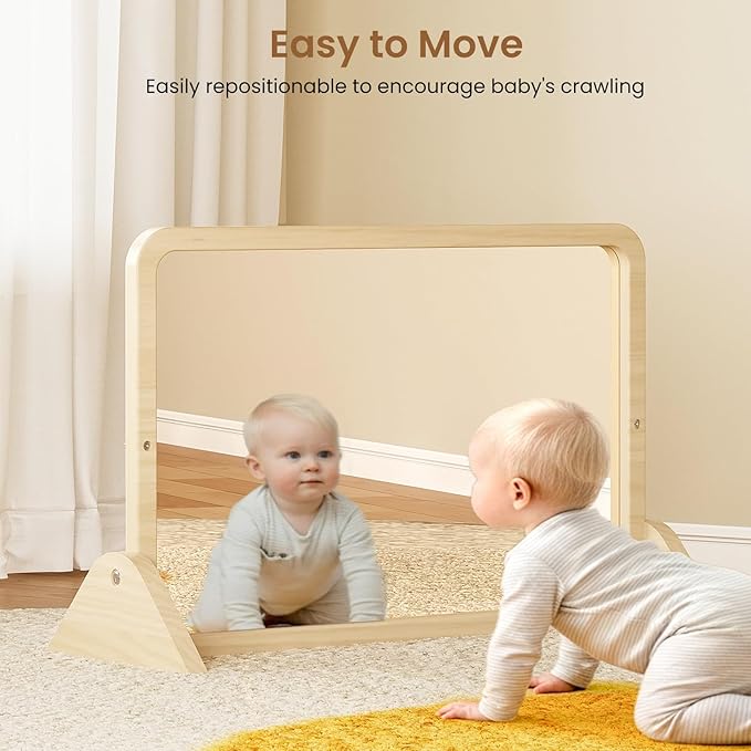 Woodtoe 3-in-1 Montessori Mirror with Bar, Adjustable Toddler Mirror & Pull Up Bar, Montessori Learning Toy for Baby 6-18 Months, Nursery Mirrors, Natural Wood Furniture for Daycare, Kids Classroom