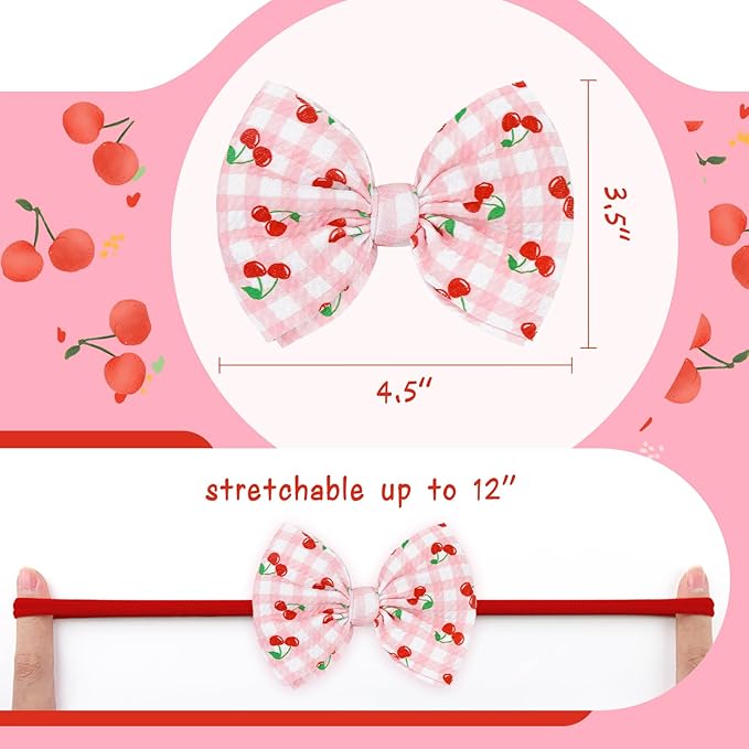 3 Pcs Baby Girl Headbands 4.5’’ Pink Bows Cherry Hair Accessories Summer Outfits for Newborn Infant Toddler Girls Clothes