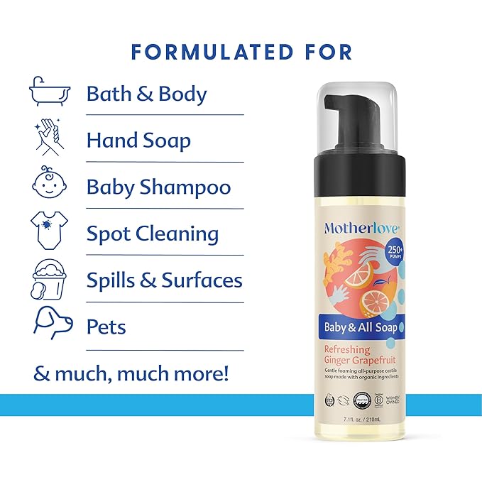 Motherlove Baby & All Soap (32 oz) Gentle Foaming All-Purpose Castile Soap Made with Organic Ingredients – Refreshing Ginger Grapefruit (Pack of 2)