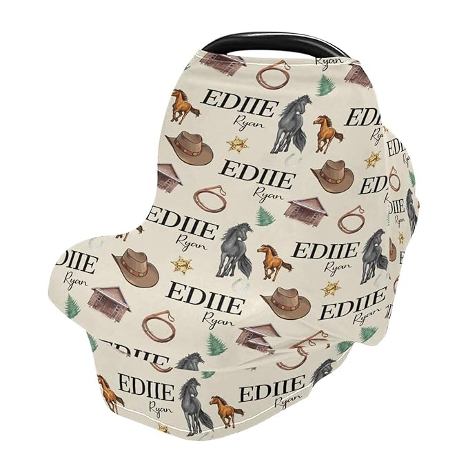 Personalized Baby Car Seat Cover for Boys Girls, Custom Cowboy Nursing Covers for Breastfeeding with Name, Infant Stroller Cover, Baby Carseat Canopy for Newborn, Multiuse Car Seat Canopies