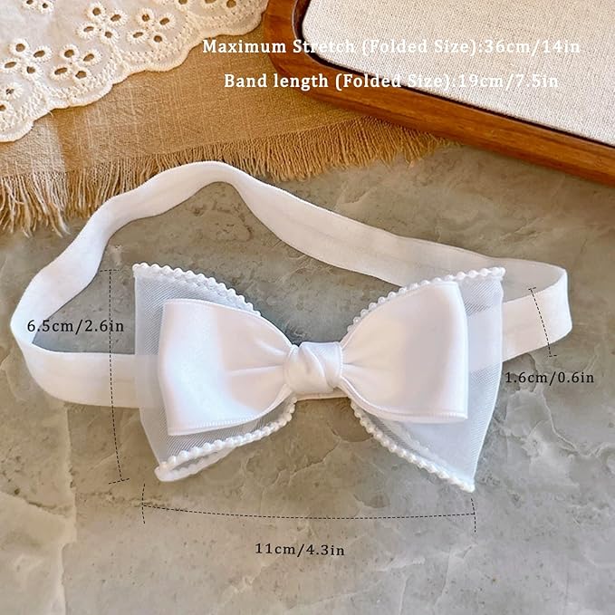 Baby Girls Headband White Bow Lace Headbands Soft Elastic Bowknot Hairbands Cute Hair Accessory for Newborn Kids Infant Toddler Baptism Birthday Party (White Bow)