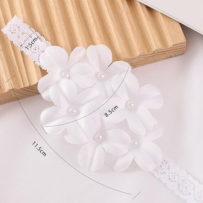 Baby Girls Hairband White Bow Lace Headbands Handmade Soft Stretchy Wide Head Band Newborn Hairbands with Bows Pearls Elastic Headband for Infant Hair Accessories（White Flower）