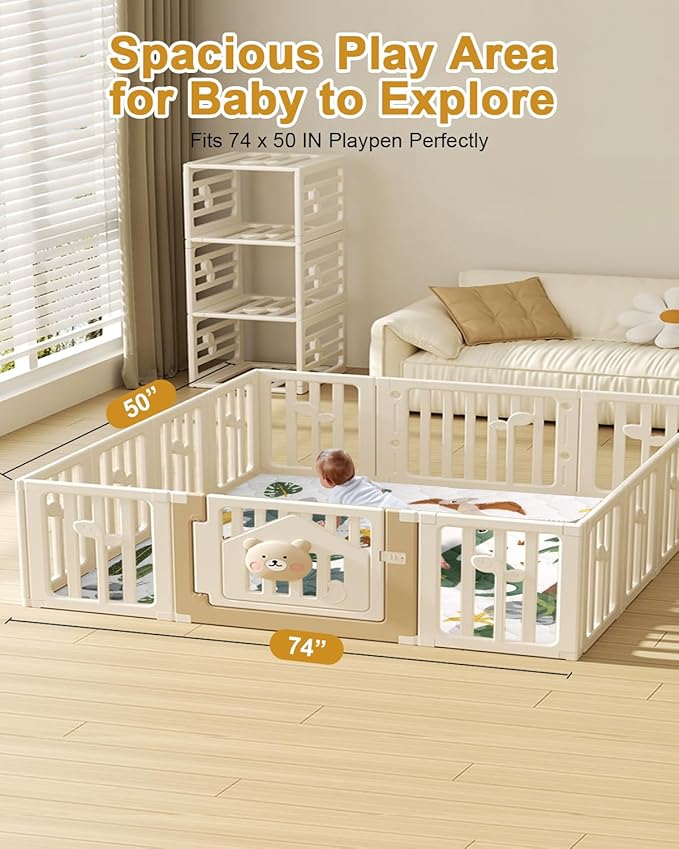 TINYHARBO Premium Foam Baby Play Mat 74x50 – Removable & Machine Washable Cover, Extra Thick Padding Playpen Mat, Non-Slip Crawling Mat, Easy to Clean for Infants, Toddlers & Babies