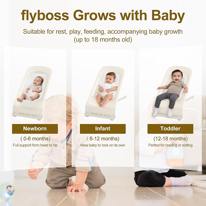 3-in-1 Baby Bouncer & Portable Rocker Chair for Newborn to Toddler - 4 Adjustable Recline Positions, Breathable Cotton Fabric, Natural Vibration, Supports Up to 33 lbs, Khaki