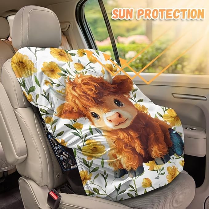 XYZCANDO Highland Cow Car Seat Cover Baby Travel Cartoon Western Car Seat Covers for Babies Girls Waterproof Car Seat Protector for Child Car Seat Novelty Car Accessories Gift for Holiday