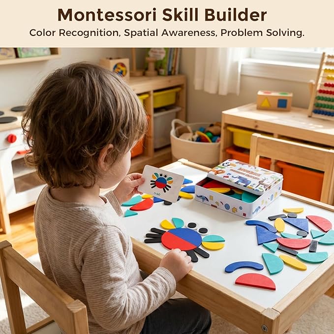 LovesTown Wooden Pattern Blocks Montessori Toys for Toddler Kids Open Ended Shape Puzzles Educational Tangram Preschool Learning Toy with 60 Cards 36 PCS