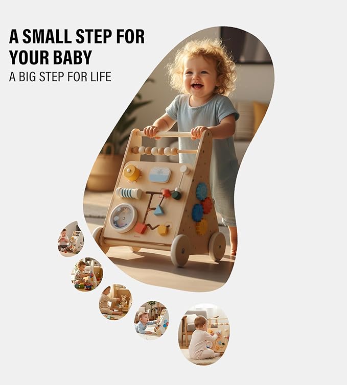 Wooden Baby Walker with Wheels Montessori Activity Push Walker for Todlers Baby Gift for 1 Year Old Girl & with Baby Activity Center