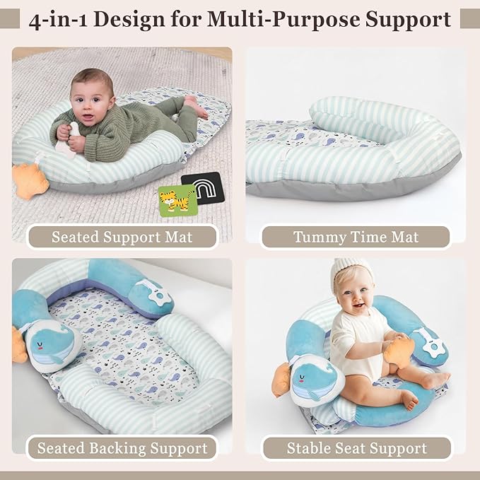 Foryoomi 4 in 1 Tummy Time Mat with Educational Cards, Play Mat & Sitting Support for Newborn 0-12 Months, Infant Baby Sit Me Up Floor Seat, Sensory Skills Gifts, Blue Whale