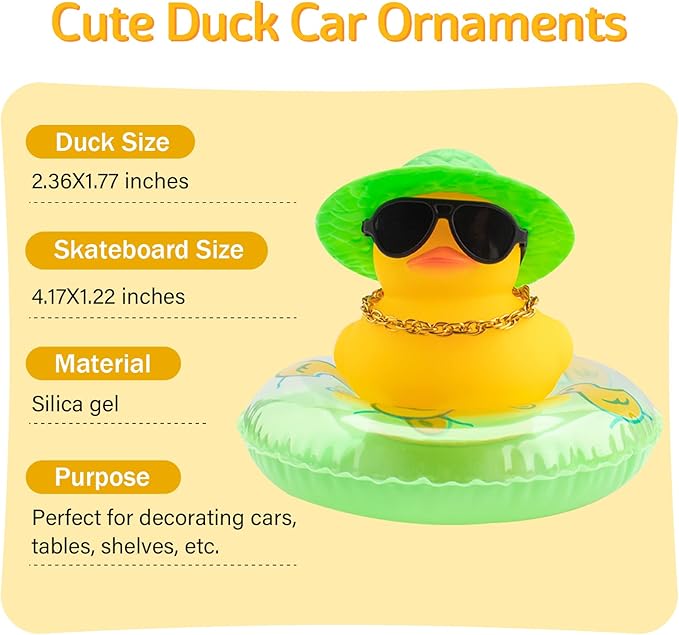 wonuu Car Rubber Duck, Yellow Duck Decoration Dashboard with Sun Hat Swim Ring Necklace Sunglasses for Car Dashboard Decorations