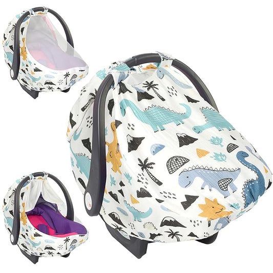 Dinosaurs Carseat Cover Baby Infant Car Seat Canopy Breathable Cotton Extra Large Mesh Window Windproof Newborn Stroller Baby Carrier Cover for Boys and Girls Shower Gifts All Seasons
