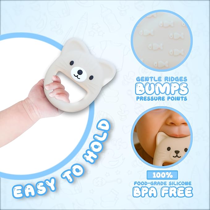 Baby Teether, Safe Chew Toy for Infants, Soothing Relief for Teething Pain, Cute Animal Shape, Easy Grip for Tiny Hands (Beige Cat)