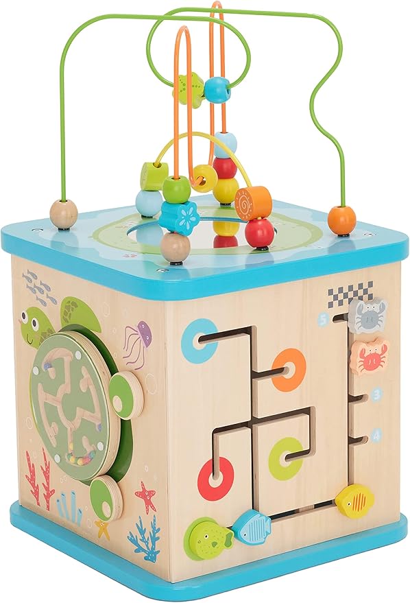 Amazon Basics Kids Wooden Activity Cube, Educational Learning Toy with Bead Maze and Shape Sorter, Developmental Fine Motor Skills, Gift for Toddlers Age 12M+, Multicolor, 13.4x22.5x13.4inches