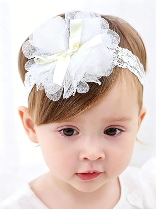 Baby Girls Hairband White Bow Lace Headbands Handmade Soft Stretchy Wide Head Band Newborn Hairbands with Bows Pearls Elastic Headband for Infant Hair Accessories（Ribbon Big Flower）